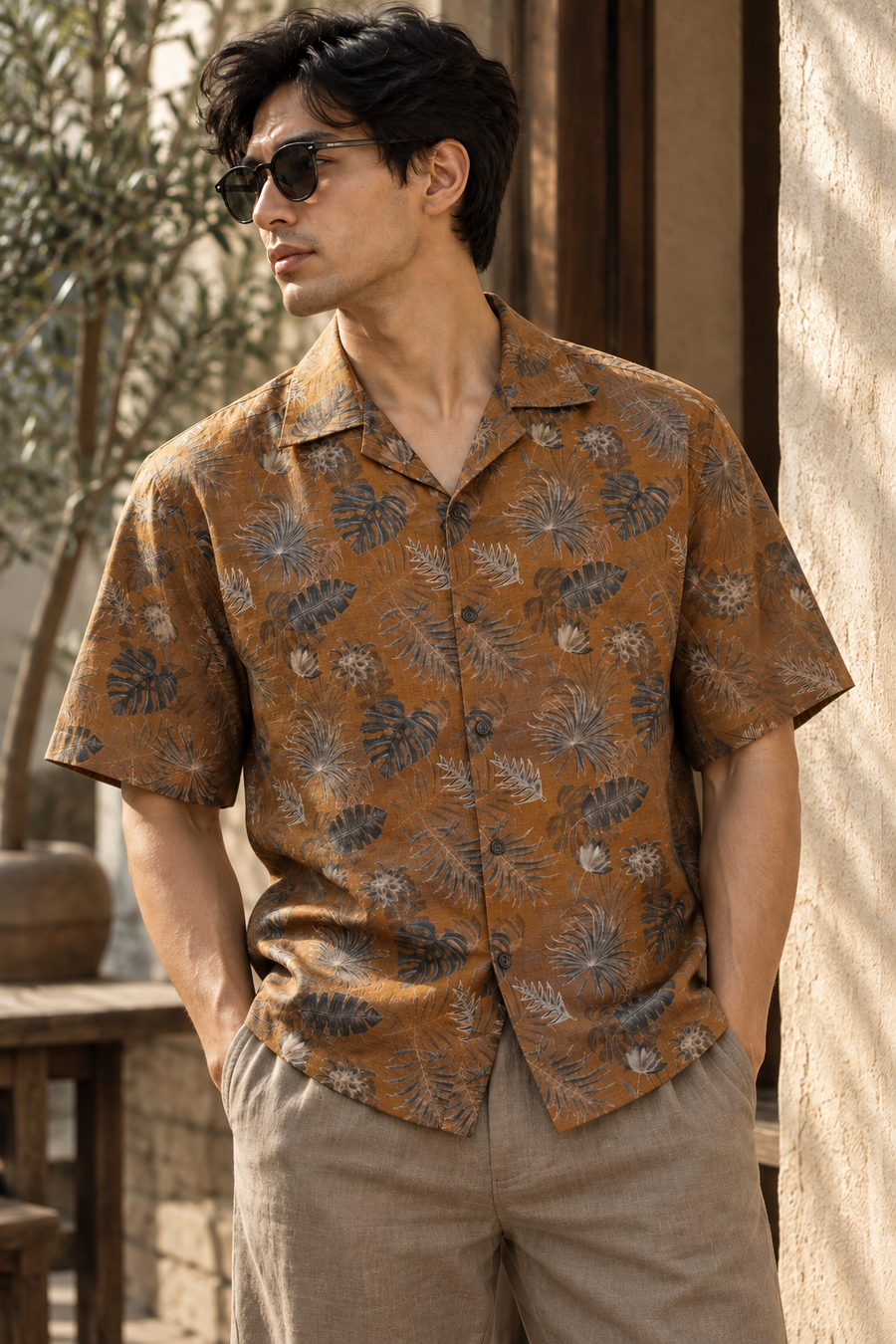 Linenza Rust Brown Box Printed Shirt