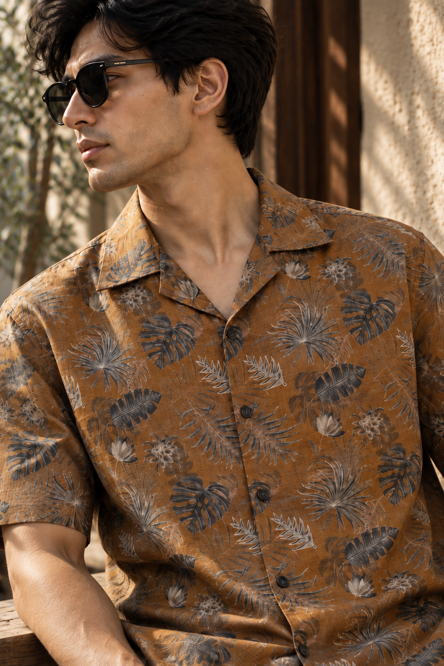 Linenza Rust Brown Box Printed Shirt