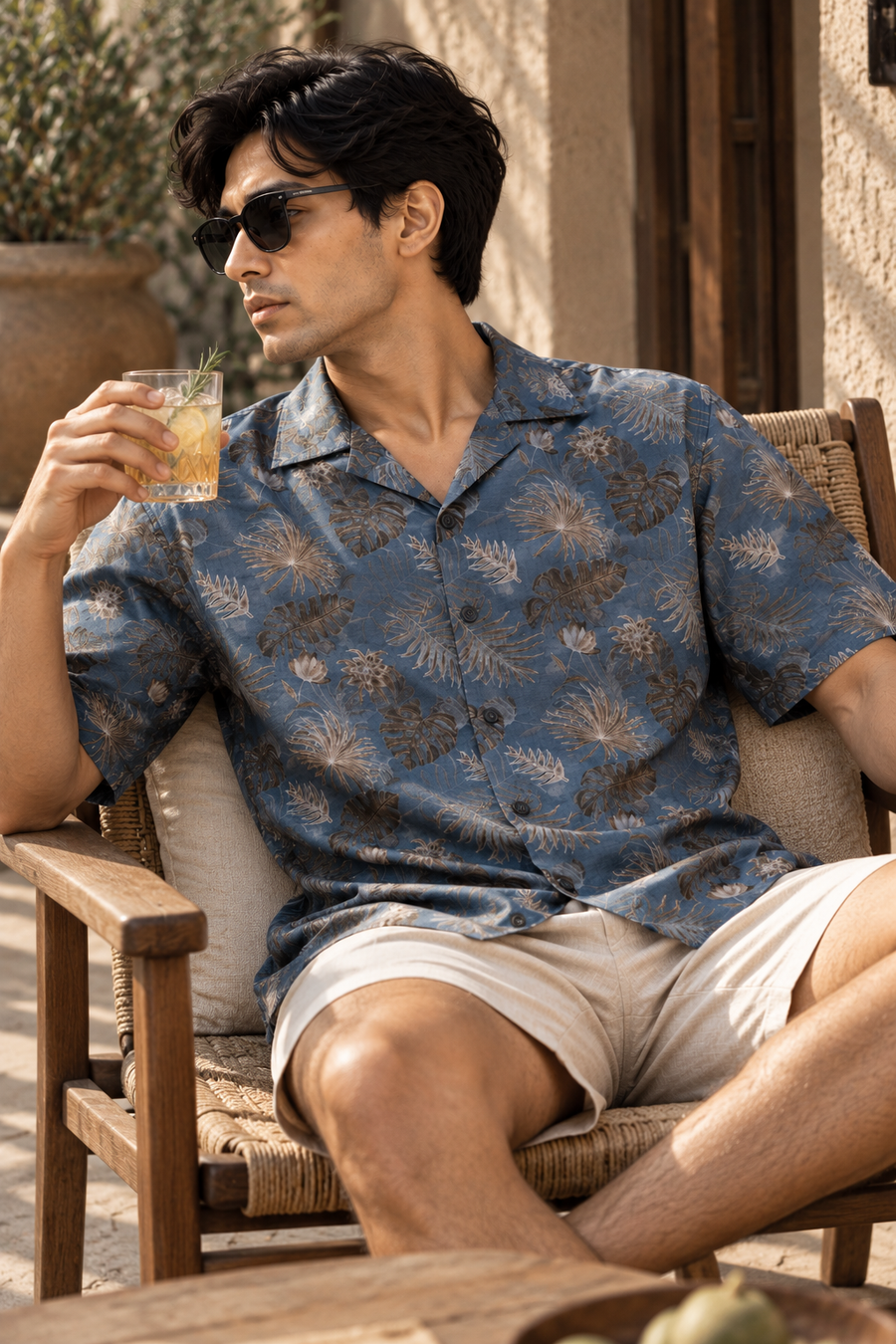 Linenza Dusty Blue Box Printed Shirt