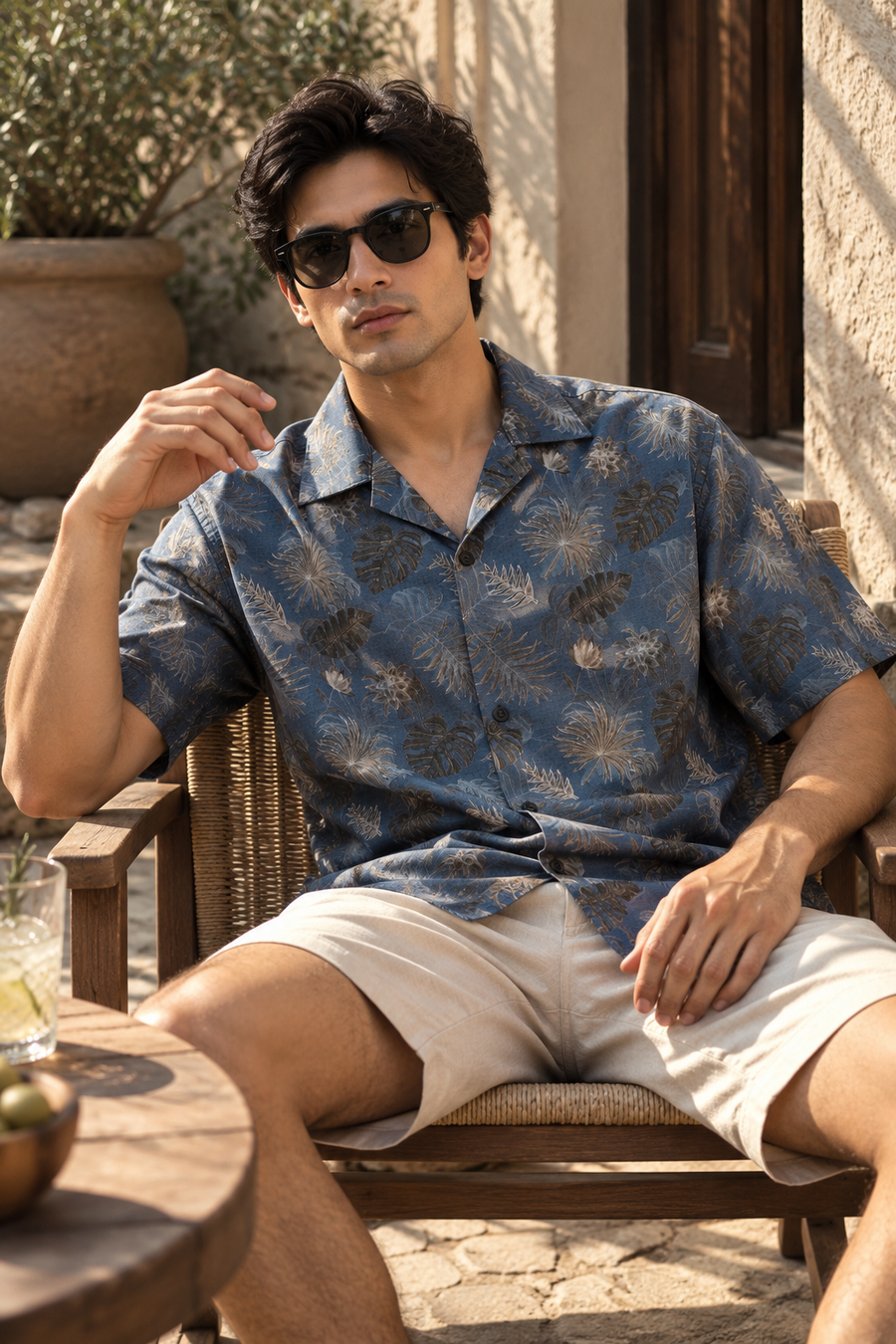 Linenza Dusty Blue Box Printed Shirt