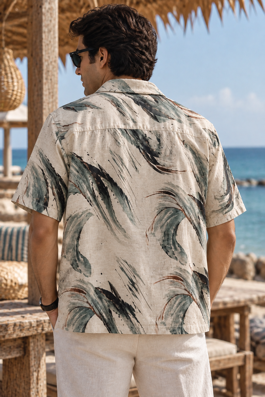 Linenza Ivory Beige Box Printed Shirt