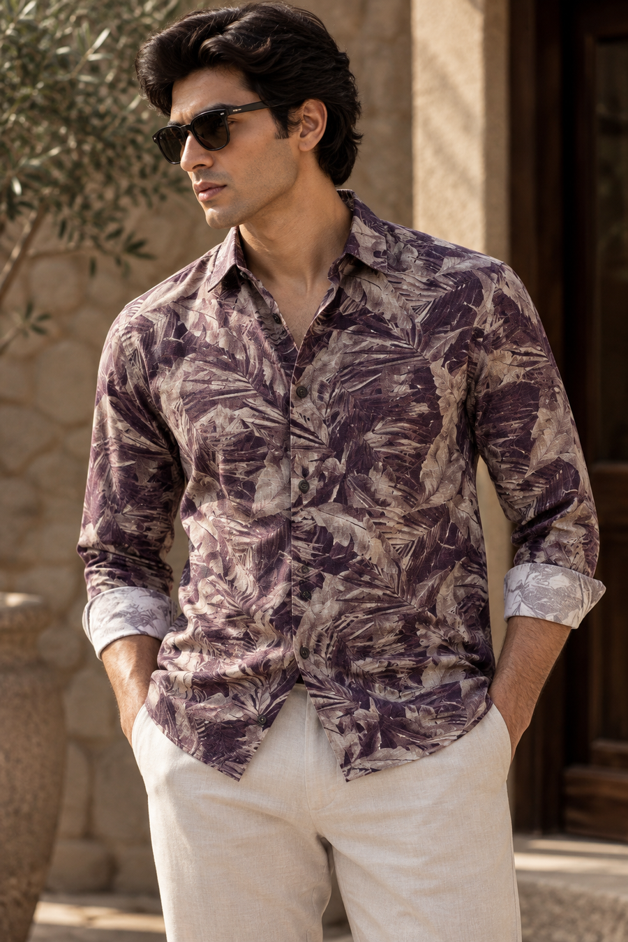 Linenza Smoked Plum Mediterran Printed Shirt