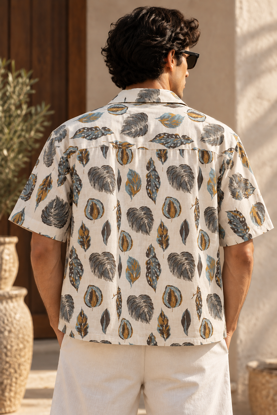 Linenza Yellow Leaf Box Printed Shirt