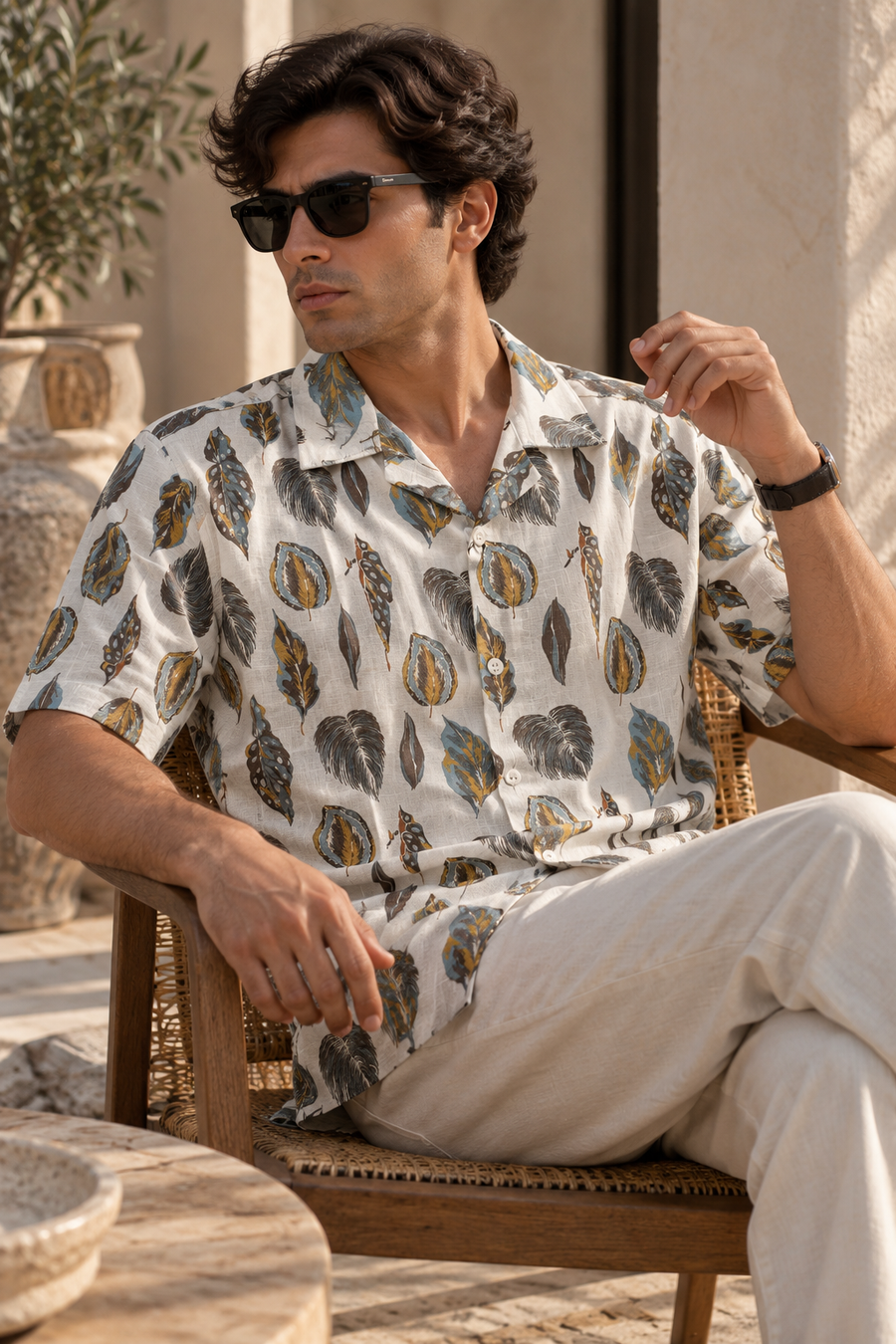 Linenza Yellow Leaf Box Printed Shirt