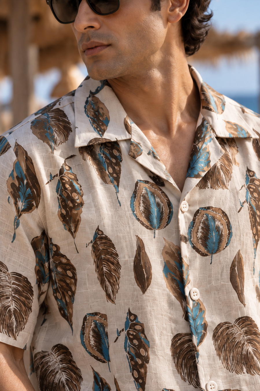 Linenza Blue Leaf Box Printed Shirt
