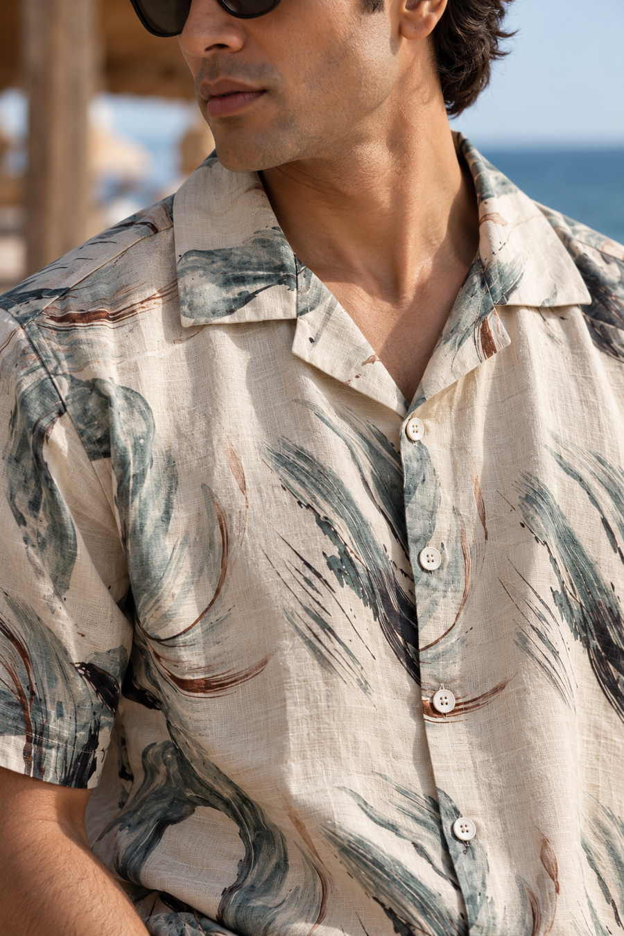 Linenza Ivory Beige Box Printed Shirt