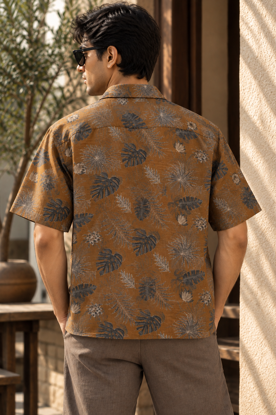 Linenza Rust Brown Box Printed Shirt