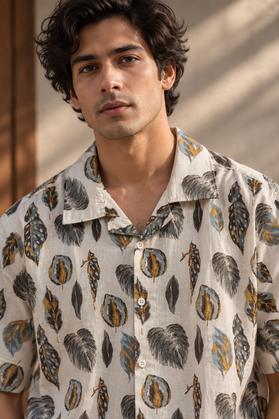 Linenza Yellow Leaf Box Printed Shirt